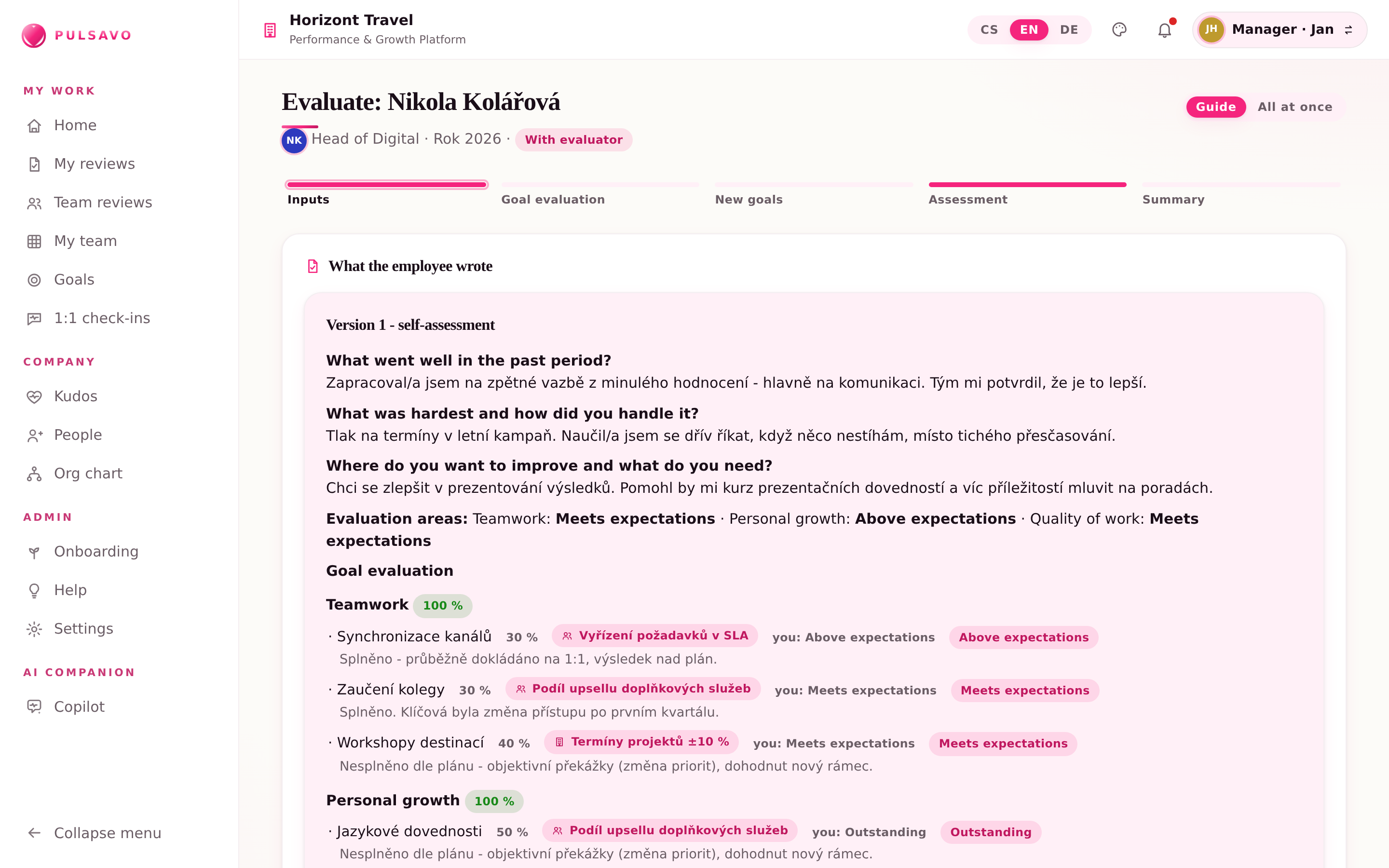 Hodnocení s průvodcem v Pulsavo: podklady, vyhodnocení cílů, nové cíle a závěrečné shrnutí.