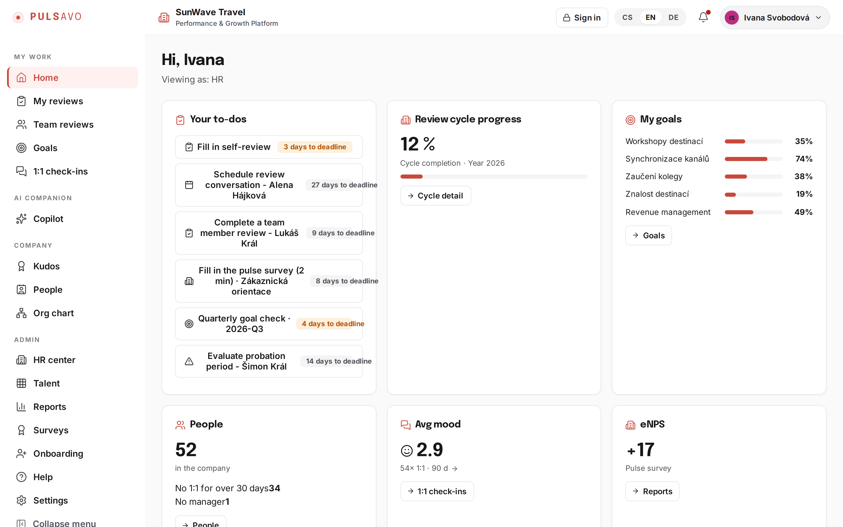 Pulsavo home: today's to-dos, review cycle progress and recent kudos.