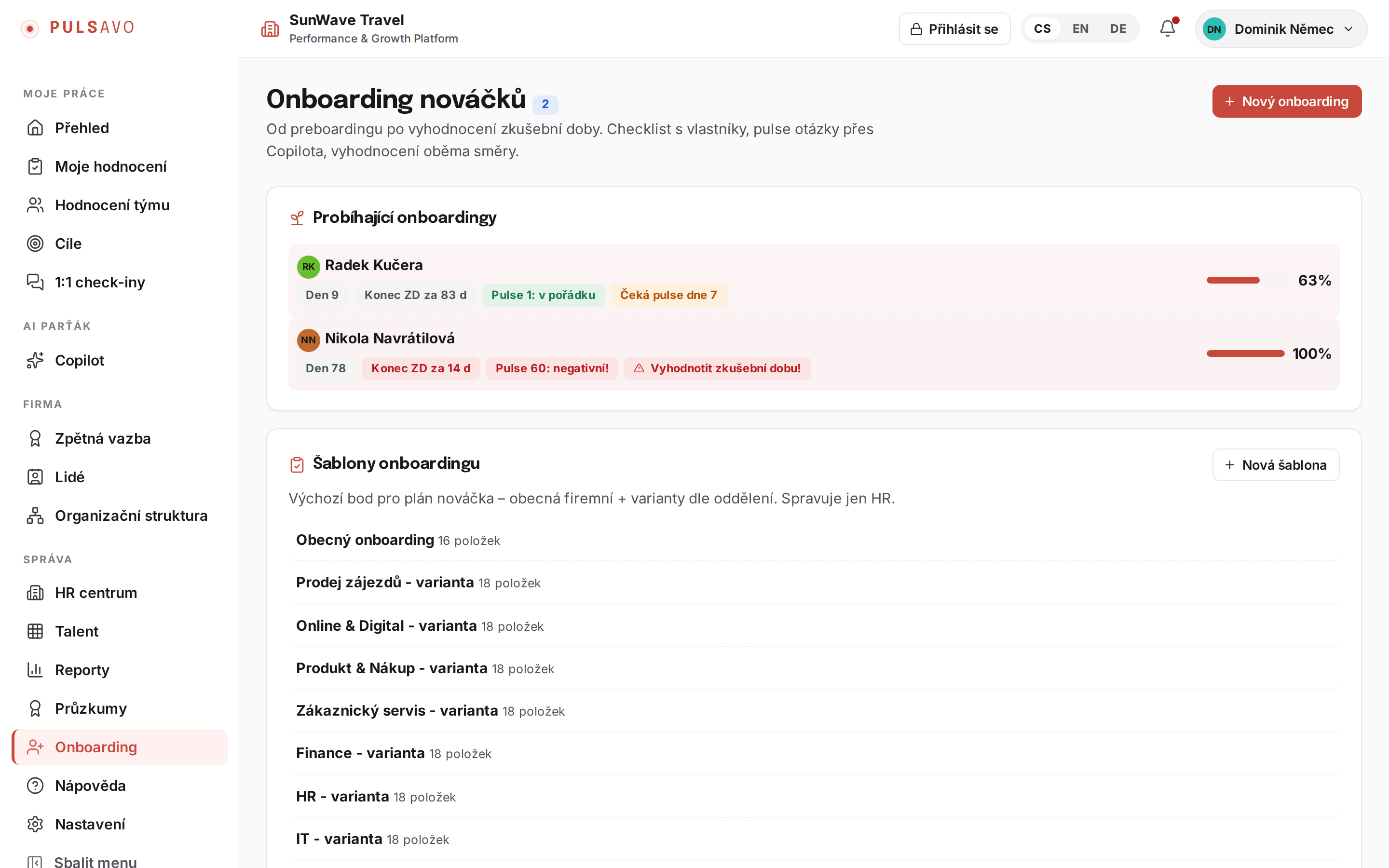 Onboarding v Pulsavo: aktivní nováčci s průběhem a hlídáním zkušební doby.
