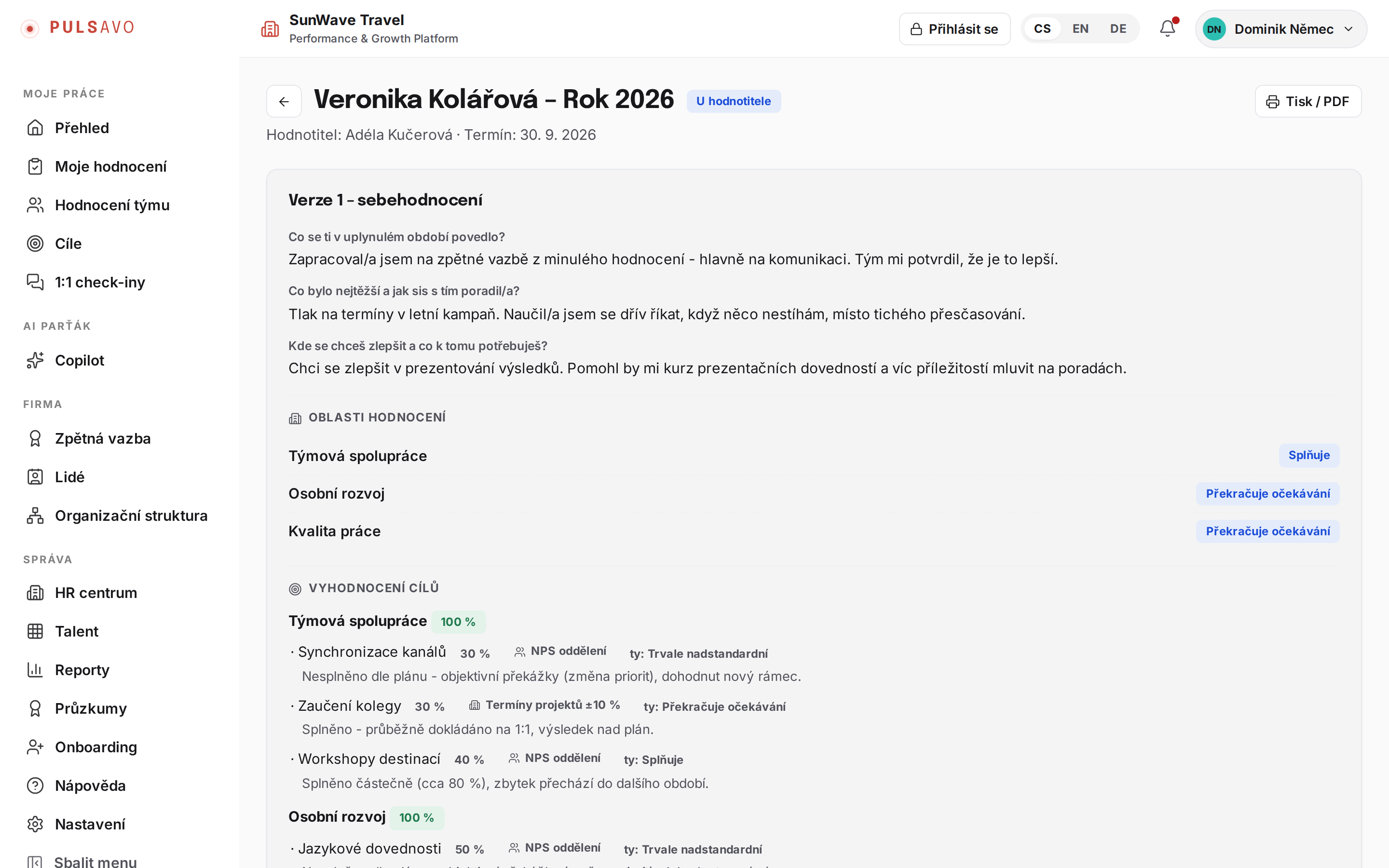 Hodnocení s průvodcem v Pulsavo: podklady, vyhodnocení cílů, nové cíle a závěrečné shrnutí.