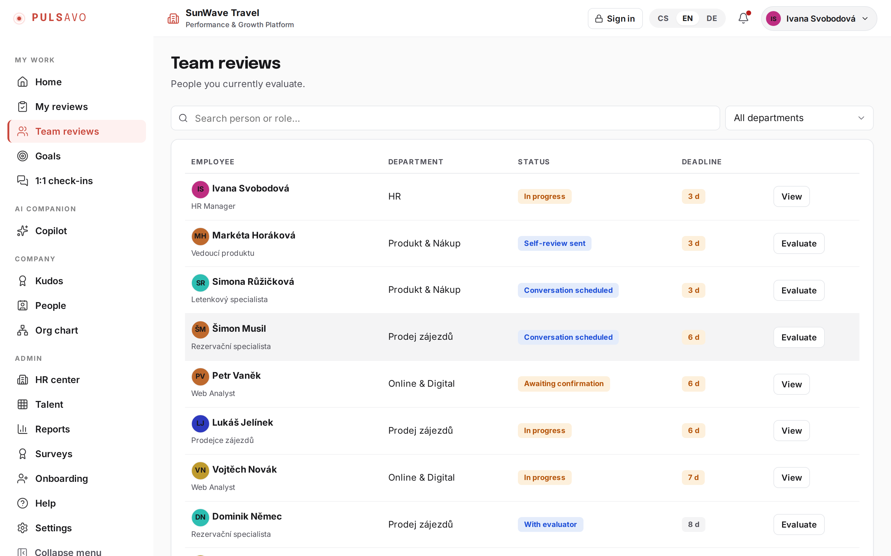 Team reviews in Pulsavo: people, departments and review status with a single click to evaluate.