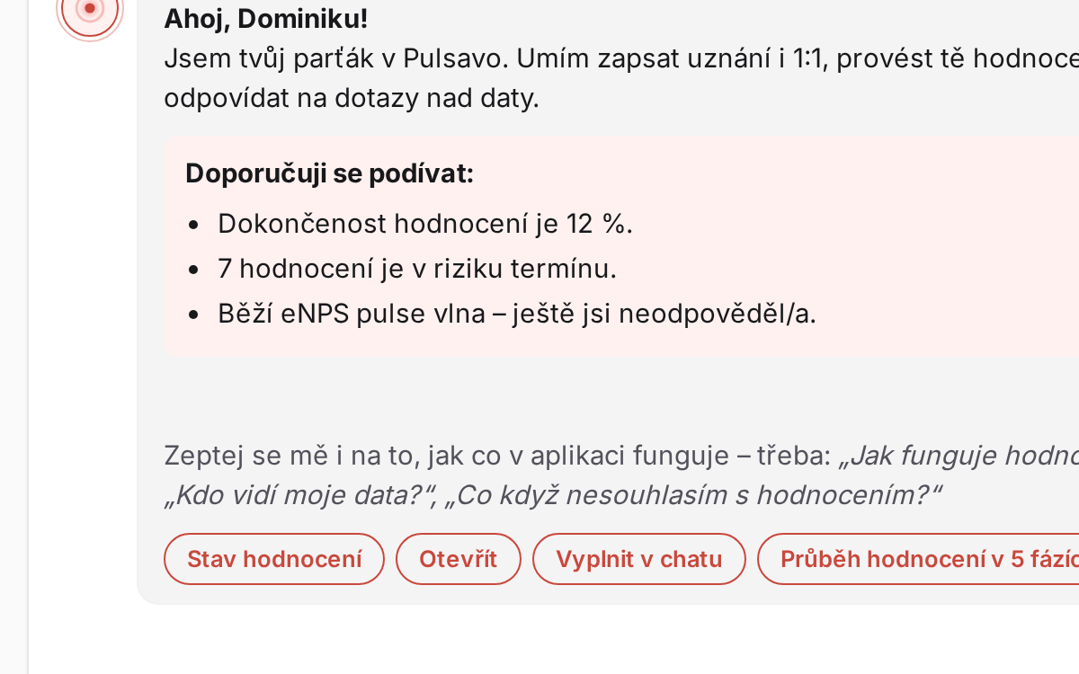 Pulsavo Copilot: chat, ve kterém AI shrnuje situaci a doporučuje další kroky.