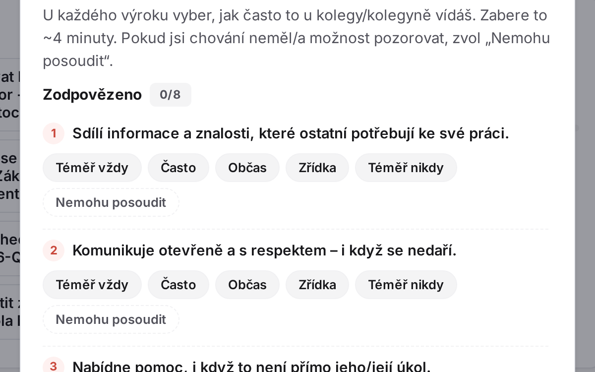 360° dotazník v Pulsavo s jednoduchou škálou od „téměř vždy“ po „téměř nikdy“.