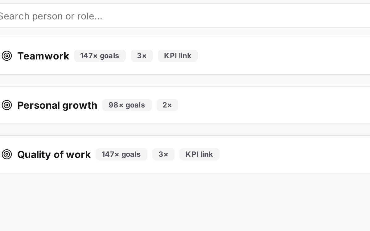 Goals in Pulsavo: teamwork, personal growth and quality goals with progress and manager confirmation.