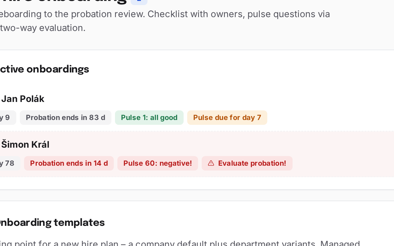 Onboarding in Pulsavo: active new hires with progress and probation tracking.